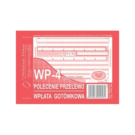 Polecenie przelewu - wpłata gotówkowa WP-4 odcinkowy A6 o+3k 445-5M