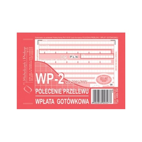 Polecenie przelewu - wpłata gotówkowa WP-2 odcinkowy A6 o+k 449-5M