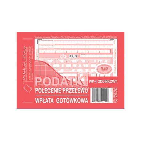 Podatki polecenie przelewu - wpłata gotówkowa WP-4 odcinkowy A6 o+3k 476-5M